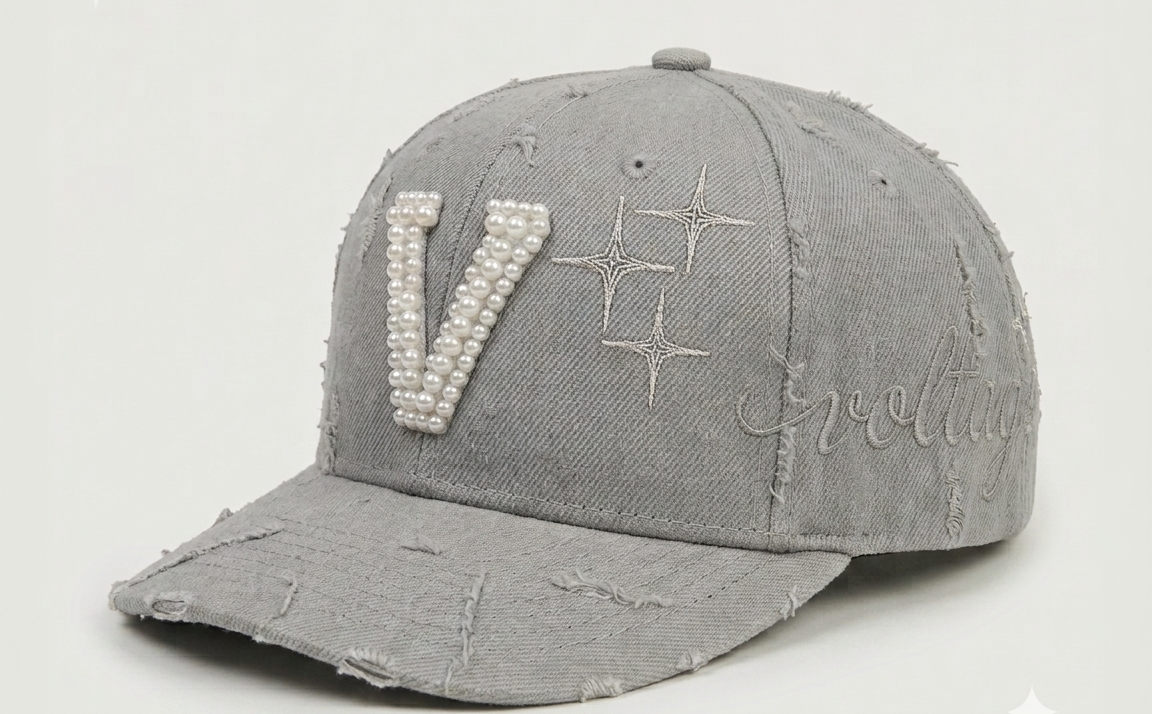 Gorra 'V' Signature – Grey Distressed Denim & Pearl